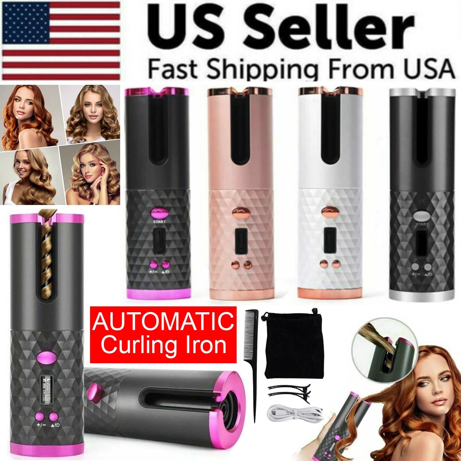 Viral Hair Curler LCD Cordless Auto Rotating Waver Curling Iron Ceramic Wireless