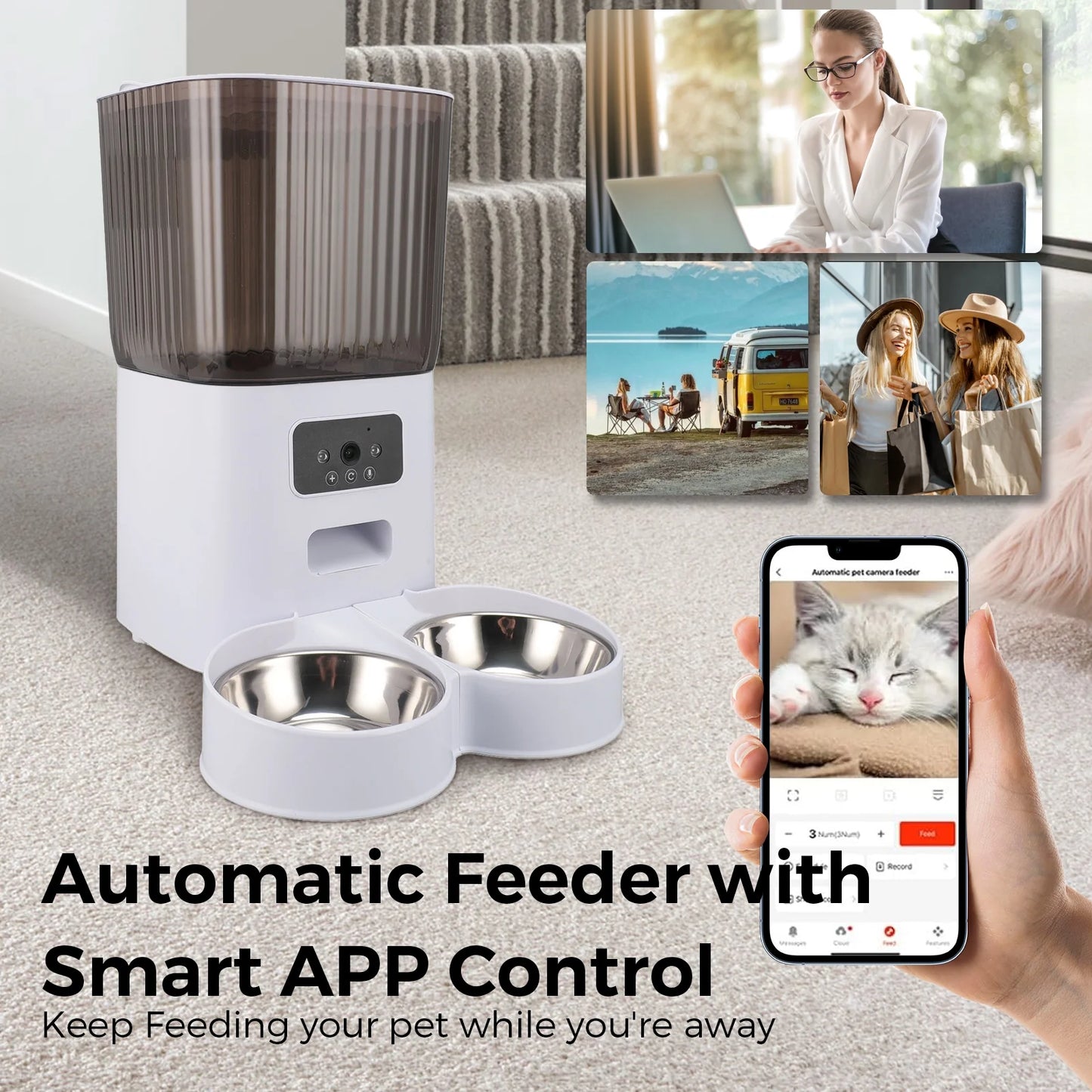 Smart Pet Feeder with Camera: 5L Capacity, App Control, Voice Recorder, Timed Feeding, Dual Power Supply, WiFi Connectivity, Stainless Steel Bowls