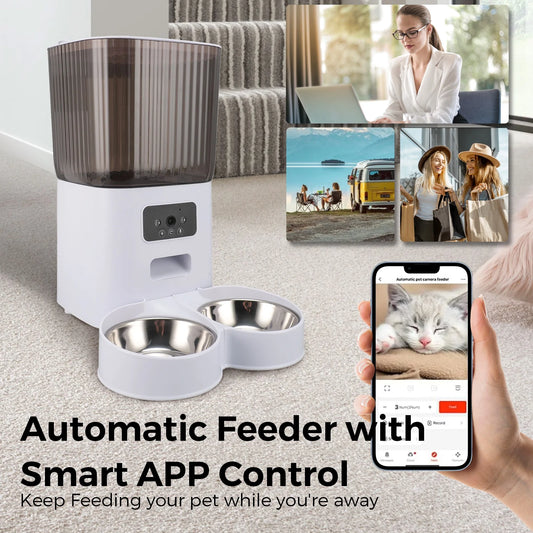 Smart Pet Feeder with Camera: 5L Capacity, App Control, Voice Recorder, Timed Feeding, Dual Power Supply, WiFi Connectivity, Stainless Steel Bowls