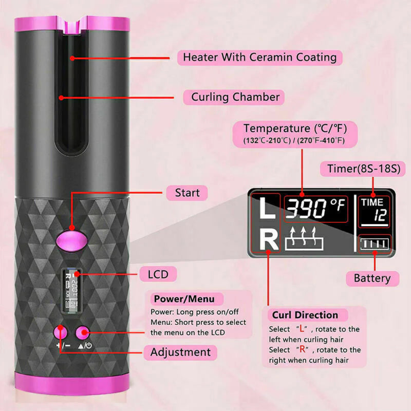 Viral Hair Curler LCD Cordless Auto Rotating Waver Curling Iron Ceramic Wireless