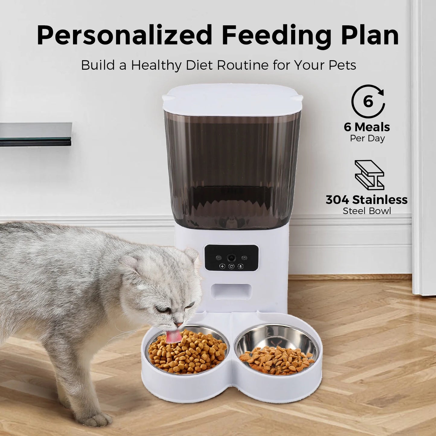 Smart Pet Feeder with Camera: 5L Capacity, App Control, Voice Recorder, Timed Feeding, Dual Power Supply, WiFi Connectivity, Stainless Steel Bowls