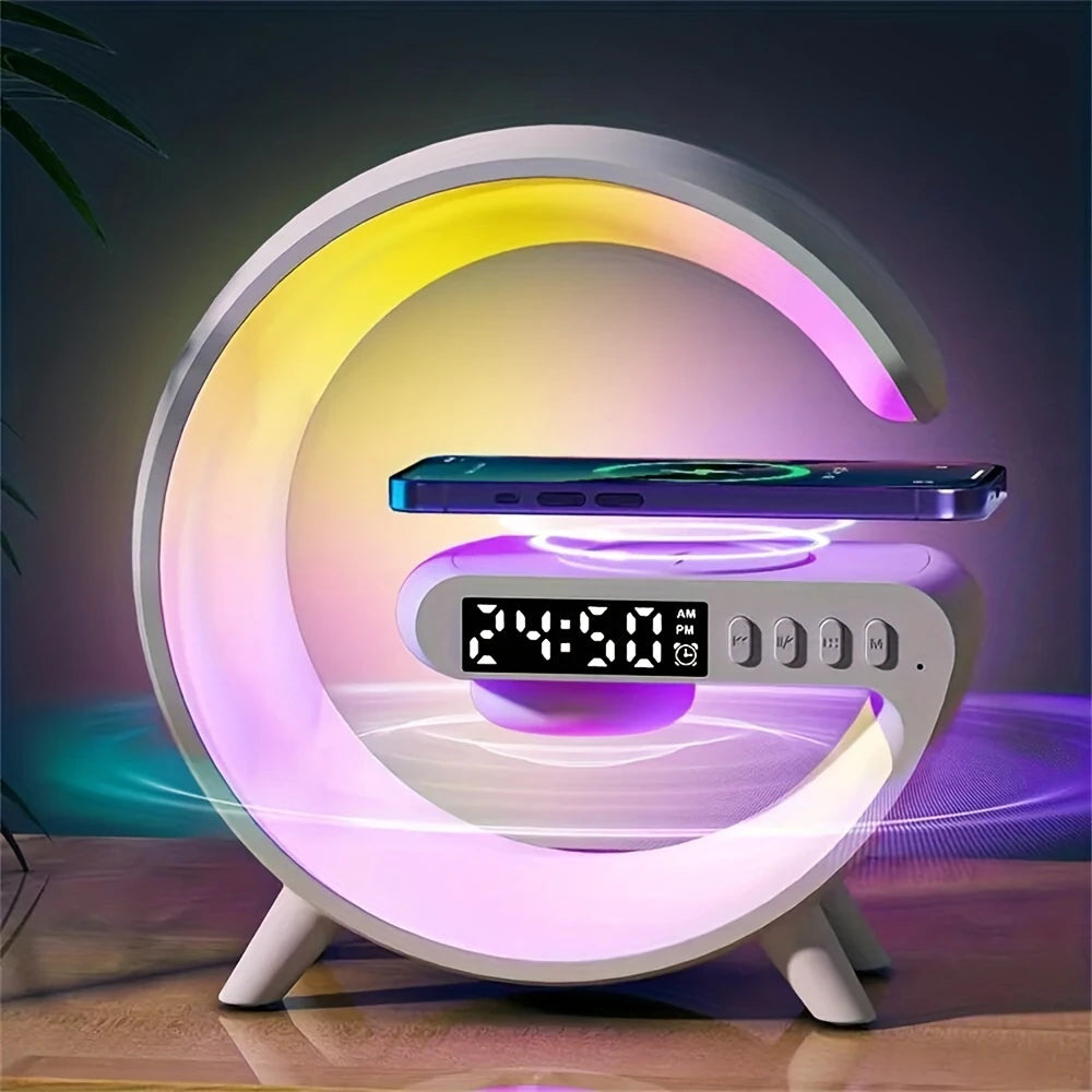 "Sound, Light, and Charge: Mini Wireless Charging Station with Speaker and Night Light"