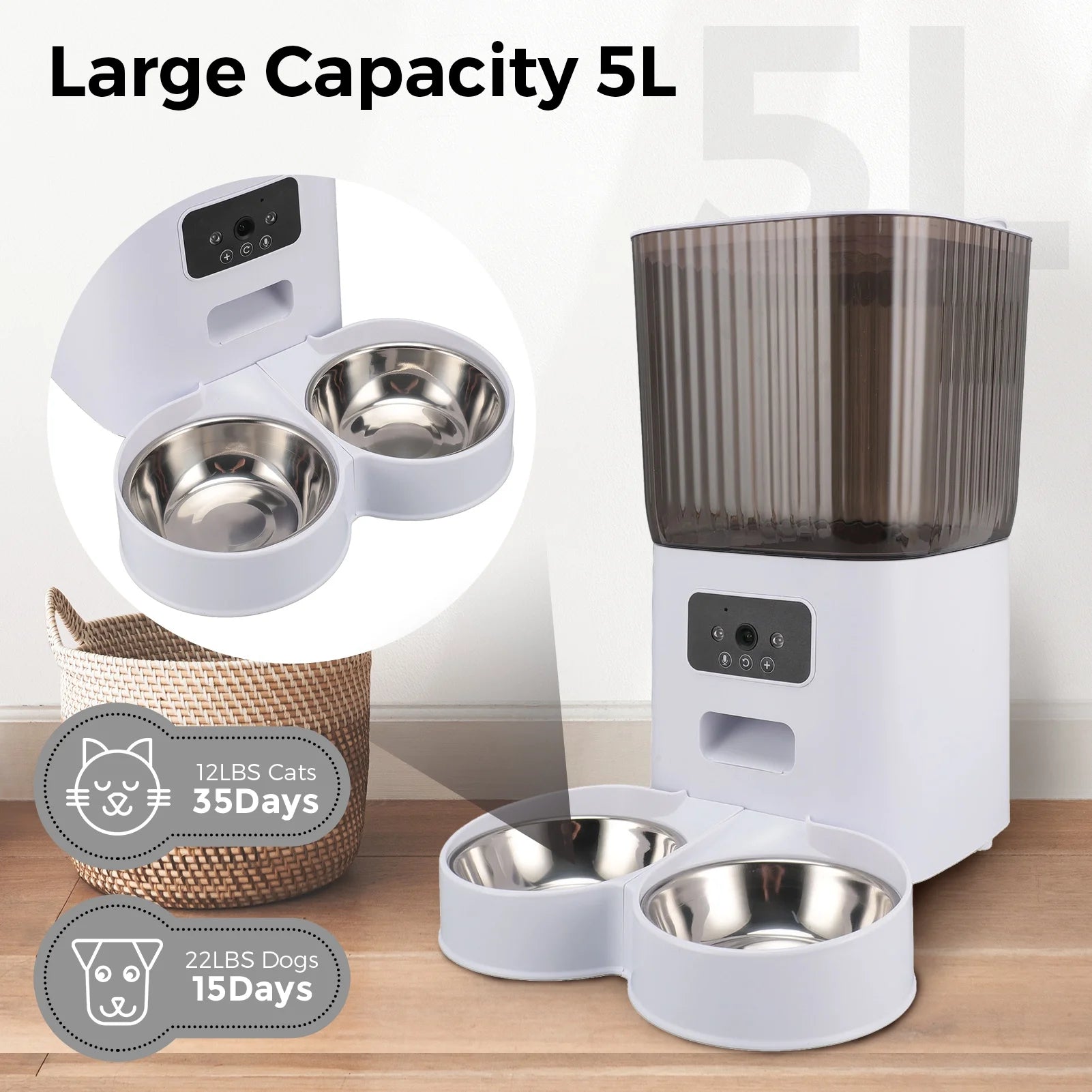 Smart Pet Feeder with Camera: 5L Capacity, App Control, Voice Recorder, Timed Feeding, Dual Power Supply, WiFi Connectivity, Stainless Steel Bowls