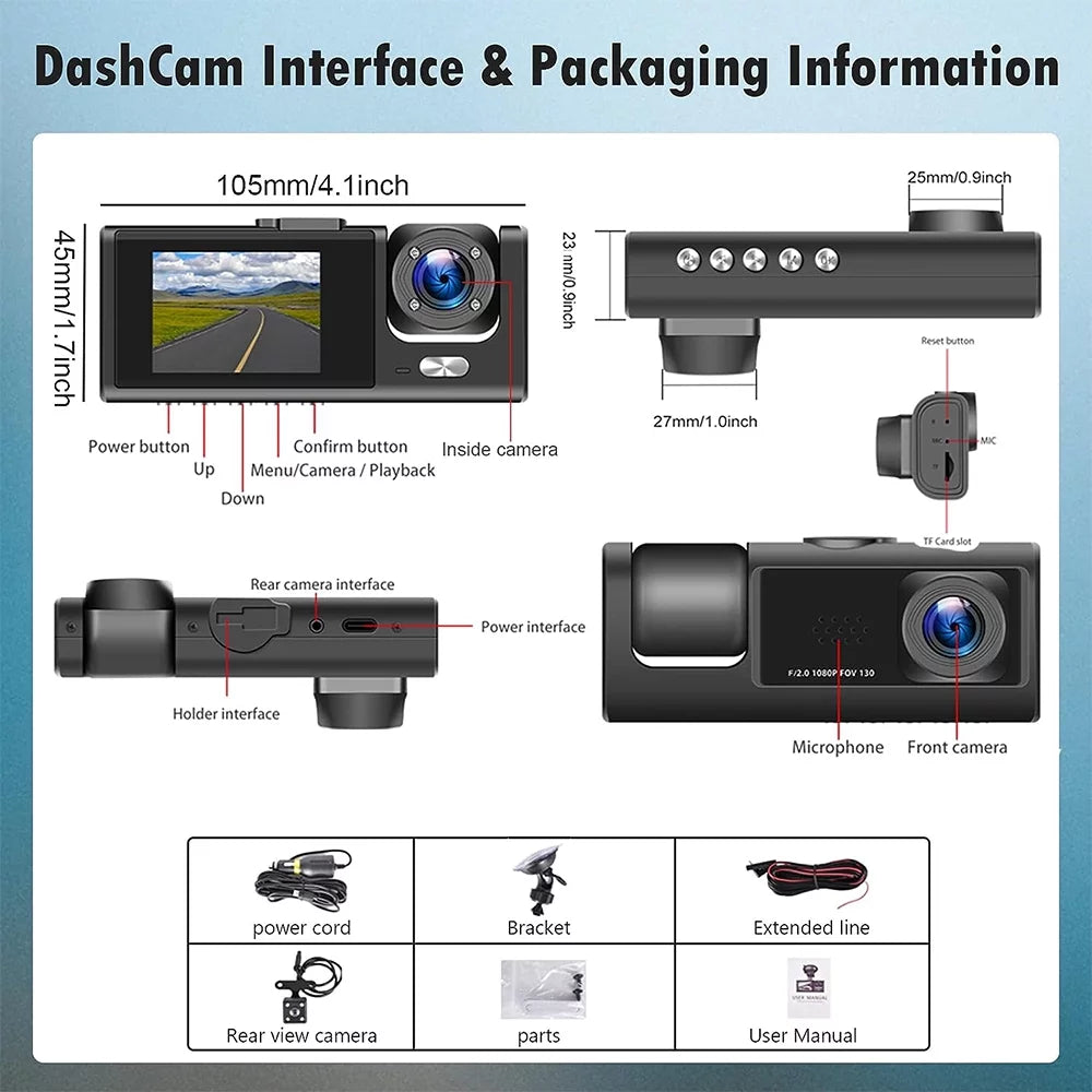 Dual Dash Cam Front and Backup 1080P Night Vision Loop Recording