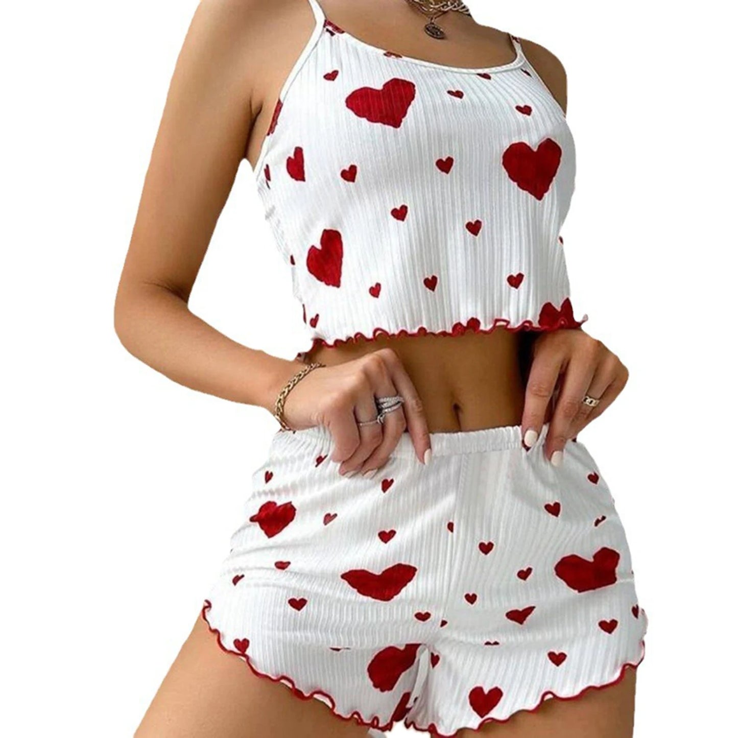 Women'S Pajamas Set Sleepwear 2 PCS Short Tank Tops and Shorts S M L White Ventilate Soft Casual Love Printing