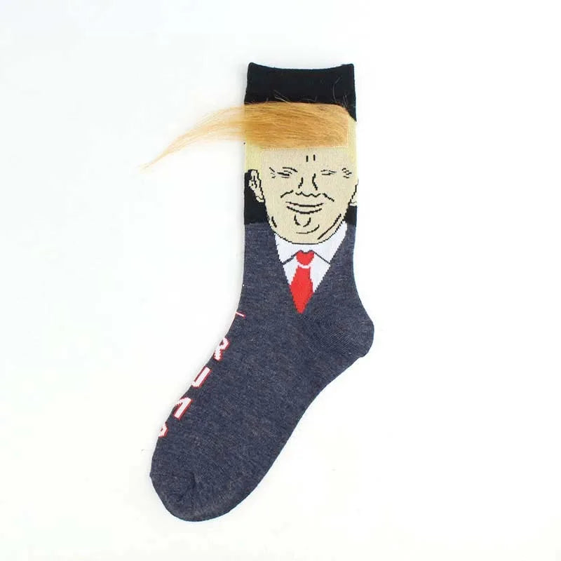 Funny and Funny Donald Trump Presidential Socks with 3D Fake Hair round Neck Socks for Men'S Street Clothing Hip Hop Socks