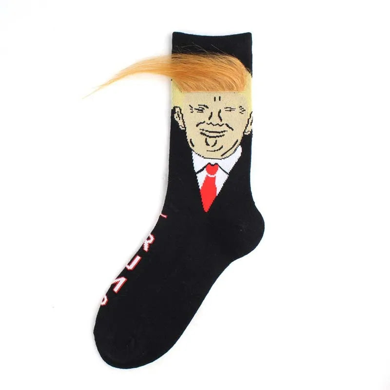 Funny and Funny Donald Trump Presidential Socks with 3D Fake Hair round Neck Socks for Men'S Street Clothing Hip Hop Socks