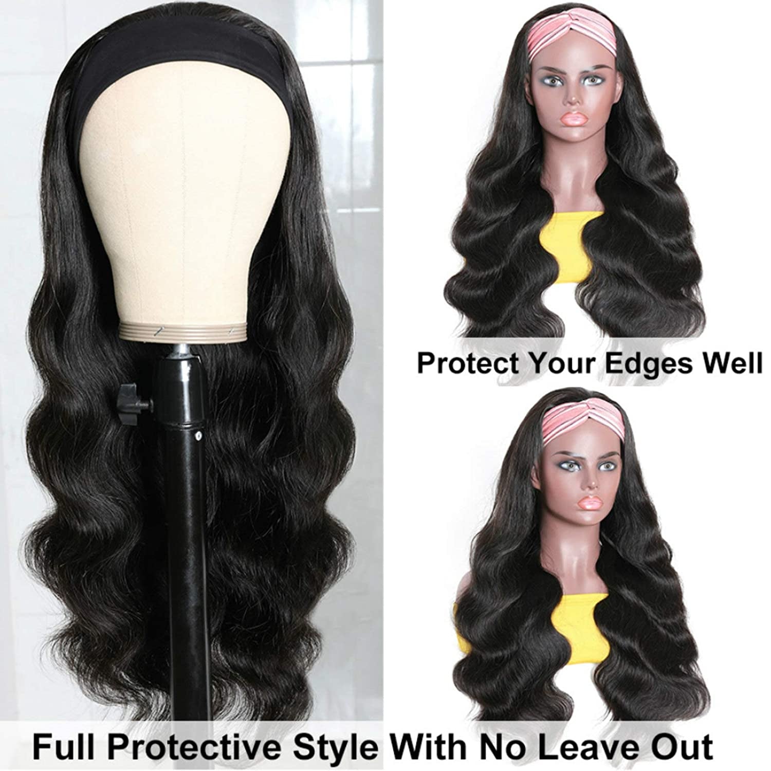 Catti Body Wave Headband Wig Human Hair Headband Wigs for Black Women Brazilian Virgin Hair Wear and Go Glueless Wigs Human Hair Headband Wig 150% Density (18" Headband Wigs)