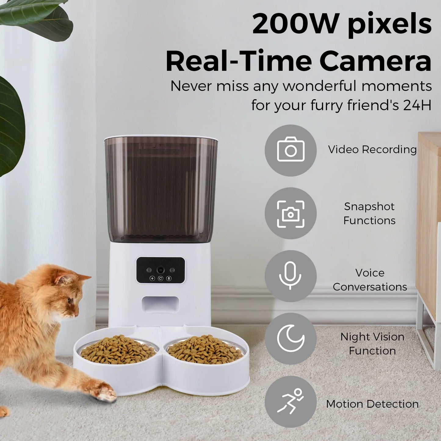 Smart Pet Feeder with Camera: 5L Capacity, App Control, Voice Recorder, Timed Feeding, Dual Power Supply, WiFi Connectivity, Stainless Steel Bowls