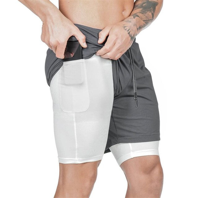 Men 2 in 1 Running Shorts Jogging Gym Fitness Training 