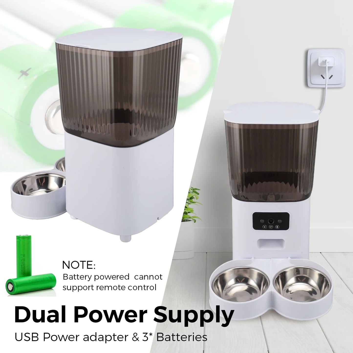 Smart Pet Feeder with Camera: 5L Capacity, App Control, Voice Recorder, Timed Feeding, Dual Power Supply, WiFi Connectivity, Stainless Steel Bowls