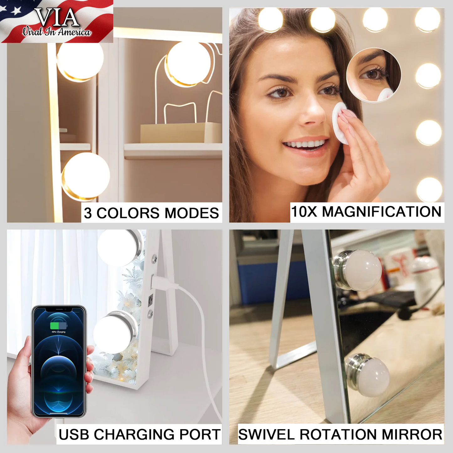 Hollywood Vanity Mirror with Lights, Vanity Makeup Mirror with 15 LED Bulbs, 3 Color Lighting Modes, USB Port, Smart Touch Control