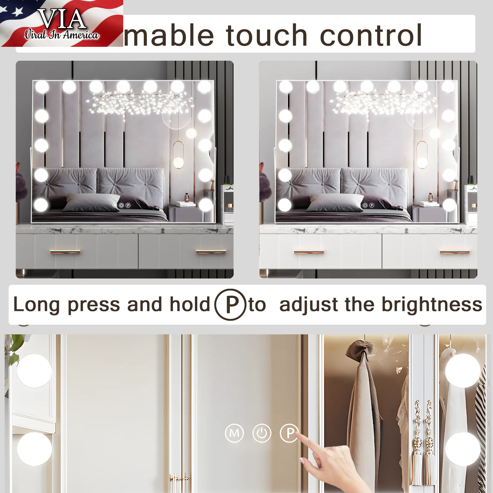 Hollywood Vanity Mirror with Lights, Vanity Makeup Mirror with 15 LED Bulbs, 3 Color Lighting Modes, USB Port, Smart Touch Control