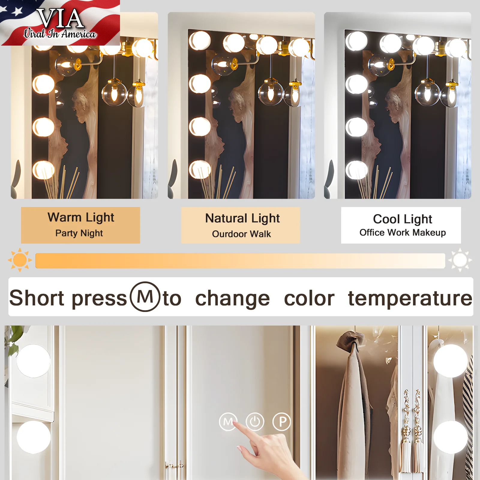 Hollywood Vanity Mirror with Lights, Vanity Makeup Mirror with 15 LED Bulbs, 3 Color Lighting Modes, USB Port, Smart Touch Control